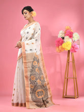 White Cotton Handspun Handwoven Saree With Jute Weaving Pallu-MA51CH431930037